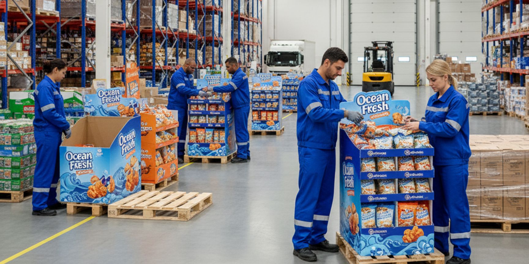 Employees assemble and equip colorful product displays in a modern logistics hall for the point of sale.